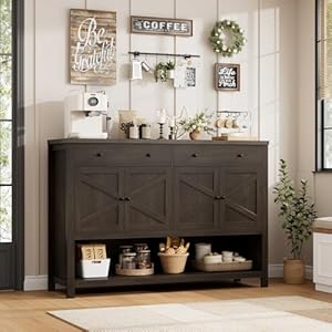 HOSTACK 55 Buffet Sideboard Cabinet with Storage Coffee Bar with 2 Drawers Farmhouse Console Table with Doors Storage Cabinet with Shelf for Kitchen Living Room Entryway Dark Brown