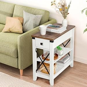   Narrow-End-Table-with-Charging-Station-Farmhouse-Slim-Side-Table-wUSB-Ports-Power-Outlets-Nightstand-wFlip-Top-Storage-Drawer-for-Small-Spaces-Living-Room-Bedroom-Brown-White