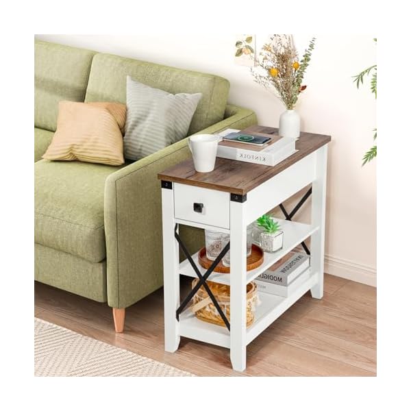   Narrow-End-Table-with-Charging-Station-Farmhouse-Slim-Side-Table-wUSB-Ports-Power-Outlets-Nightstand-wFlip-Top-Storage-Drawer-for-Small-Spaces-Living-Room-Bedroom-Brown-White