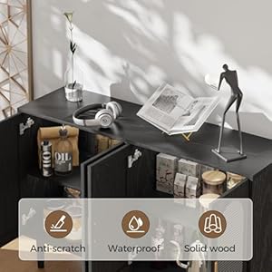 Sideboard Cabinet with Rattan Doors, Kitchen Buffet Cabinet with Storage, Modern Farmhouse Large Accent Cabinet Credenza for Entryway Dining Room, Black Sideboard Cabinet with Rattan Doors Kitchen Buffet Cabinet with Storage Modern Farmhouse Large Accent Cabinet Credenza for Entryway Dining Room Black