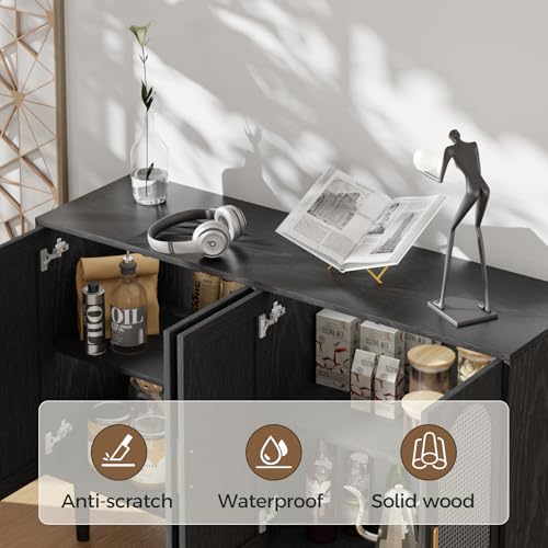 Sideboard-Cabinet-with-Rattan-Doors-Kitchen-Buffet-Cabinet-with-Storage-Modern-Farmhouse-Large-Accent-Cabinet-Credenza-for-Entryway-Dining-Room-Black Sideboard Cabinet with Rattan Doors Kitchen Buffet Cabinet with Storage Modern Farmhouse Large Accent Cabinet Credenza for Entryway Dining Room Black