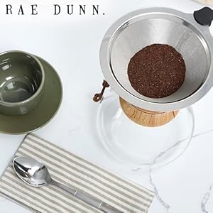 Rae Dunn Glass Pour Over Coffee Maker 34oz Carafe with Reusable Stainless Steel Filter and Elegant Bamboo Finish Great for Brewing Coffee