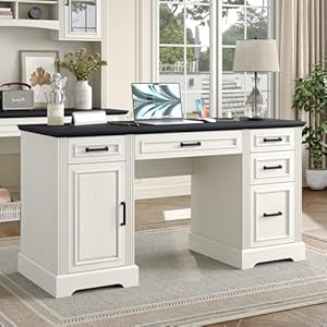 Furniouse 58" Executive Desk, Farmhouse Computer Desk with Drawers and Cabinet with Charging Station, Wooden Home Office Desk, Workspace for Work & Writing, Black Tabletop Furniouse 58 Executive Desk Farmhouse Computer Desk with Drawers and Cabinet with Charging Station Wooden Home Office Desk Workspace for Work Writing Black Tabletop