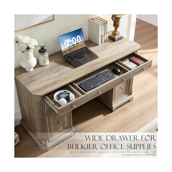 Yechen 55 wood executive desk with 7 drawers farmhouse home office desks with power outlet wooden computer desk with roman columns rustic writing table for work study weathered reclaimed oak  urban country home decor