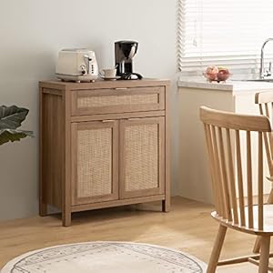 SICOTAS Sideboard Buffet Cabinet Set of 2, Rattan Credenza Storage Cabinet, Boho Buffet Table Console with Drawer, Farmhouse Coffee Bar Cabinet for Entryway Living Dining Room, Natural Oak SICOTAS Sideboard Buffet Cabinet Set of 2 Rattan Credenza Storage Cabinet Boho Buffet Table Console with Drawer Farmhouse Coffee Bar Cabinet for Entryway Living Dining Room Natural Oak