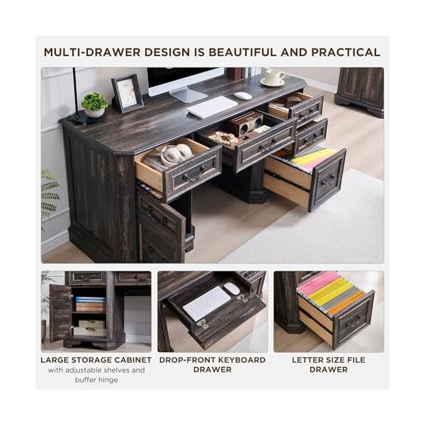   T4TREAM-59-Farmhouse-Executive-Desk-with-DrawersWood-Home-Office-Computer-Desk-Featuring-Keyboard-TrayCharging-StationFile-Drawer-Storage-Cabinetfor-Work-and-Study-Dark-Rustic-Oak