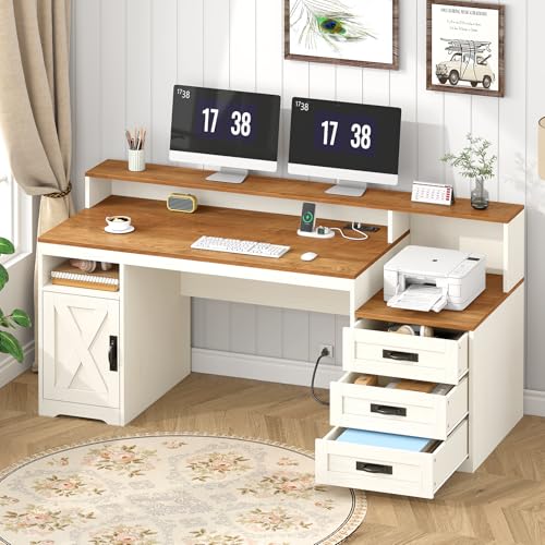 TVU Farmhouse Computer Desk with Drawers 65 Home Office Desk with Power Outlets Storage Cabinet and Printer Stand Study Writing Desks with Long Monitor Stand White