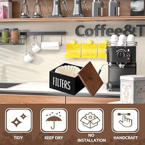Coffee Filter Holder Wooden Coffee Filter Container Coffee Filter Storage with Lid Rustic Coffee Filter Dispenser Basket for Coffee Bar Decor Farmhouse Coffee Bar Accessories Black