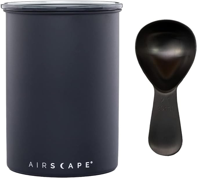 Airscape Stainless Steel Coffee Canister & Scoop Bundle - Food Storage Container - Patented Airtight Lid Pushes Out Excess Air - Preserve Food Freshness (Medium, Matte Black & Brushed Black Scoop)