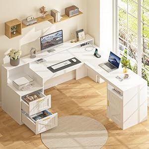 63 farmhouse l shaped executive desk with drawers storage shelf corner computer desk with power outlets l shaped office desk with monitor stand printer shelf white  urban country home decor
