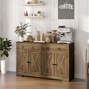  HOMCOM-Sideboard-Buffet-Cabinet-with-Storage-48-Kitchen-Storage-Cabinet-with-2-Drawers-and-4-Barn-Doors-Farmhouse-Coffee-Bar-Cabinet-with-Adjustable-Shelves-Light-Brown