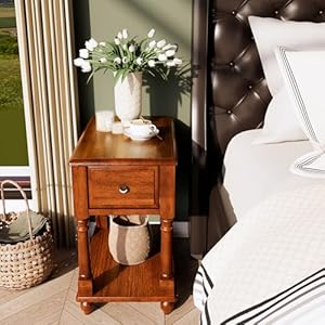 Narrow end table with drawer and open storage shelf solid wood sofa side table for living room beside tabletelephone table for small spaces easy assembly caramel brown bbj004dr  urban country home decor