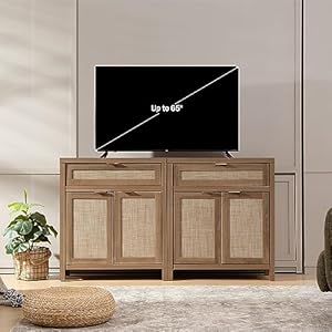 SICOTAS Sideboard Buffet Cabinet Set of 2, Rattan Credenza Storage Cabinet, Boho Buffet Table Console with Drawer, Farmhouse Coffee Bar Cabinet for Entryway Living Dining Room, Natural Oak SICOTAS Sideboard Buffet Cabinet Set of 2 Rattan Credenza Storage Cabinet Boho Buffet Table Console with Drawer Farmhouse Coffee Bar Cabinet for Entryway Living Dining Room Natural Oak