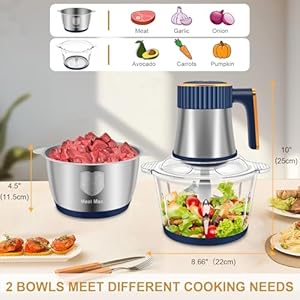 Food Processor 5 Speed Meat Grinder Electric Food Chopper with 2 Bowls 8 Cup8 Cup 4 Bi Level Blades Mini Kitchen Cutter for Vegetable Onion Garlic Meat Nuts and Baby Food 300W Blue 2L