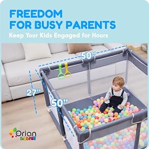 Orian baby playpen 50×50 large playpen for babies and toddlers oxford fabric indoor outdoor play pen 10 colorful balls 4 pull up rings carry bag  urban country home decor