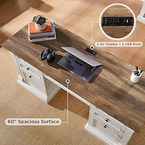 OKD 60" Executive Desk with Drawers, Farmhouse Home Office Desk with Charging Station, Keyboard Tray, File Cabinet Storage, Wood Computer Desk for Work and Study, Antique White OKD 60 Executive Desk with Drawers Farmhouse Home Office Desk with Charging Station Keyboard Tray File Cabinet Storage Wood Computer Desk for Work and Study Antique White