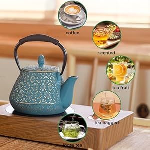   Cast-Iron-Teapot-32oz-Japanese-Sakura-Blossom-Pattern-Tea-Kettle-Stovetop-Safe-Infuser-for-Loose-Leaf-Coffee-Silicone-Handle-Enamel-Interior-950ml-Blue
