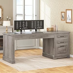 SEDETA Executive Office Desk with 3 Drawers Farmhouse 55 Computer Desk with Storage File Drawers Power Outlet for Home Office Grey