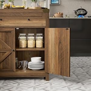 JUMMICO Coffee Bar Cabinet Farmhouse Kitchen Sideboard Buffet Cabinet with Drawer and Adjustable Shelf Barn Door Storage Cabinet for Kitchen Dining Room Bathroom Entryway Brown