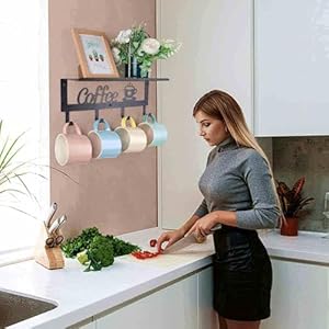 Wallmountedcoffeemugholderblackmetalwith4hooksmugrackwithstorageshelfforkitchenofficefarmhousehomedecor Urban Country Home Decor Wall mounted coffee mug holder black metal with 4 hooks mug rack with storage shelf for kitchen office farmhouse home decor urban country home decor