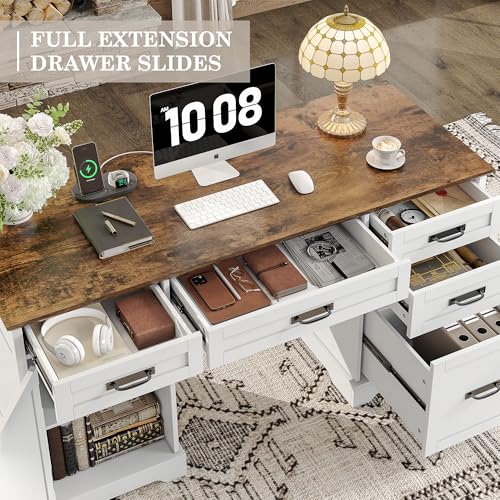 Alohappy-55-Farmhouse-Executive-Desk-with-File-Cabinet-Home-Office-Wood-Computer-Desk-with-Drawers-and-Power-Outlets-White Alohappy 55 Farmhouse Executive Desk with File Cabinet Home Office Wood Computer Desk with Drawers and Power Outlets White