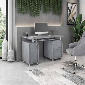 Pemberly Row 48 Wide Home Office Computer Desk in Gray with CPU Storage Cabinet and Hanging File Cabinet Grey
