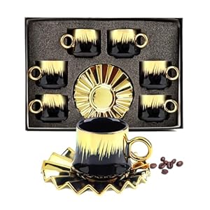 Astraloom 6 piece ottoman style turkish coffee cup set with saucers 35oz ceramic espresso cups gold plated rim black gold design black gift box with window ideal for turkish coffee espresso  urban country home decor
