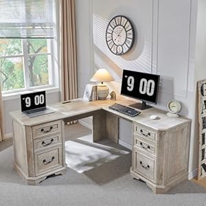 T4TREAM 59" L Shaped Executive Desk with Drawers,Farmhouse Wood Computer Desk, Featuring Charging Station,File Drawer, Storage Cabinet,for Home Office Work and Study (Light Rustic Oak) T4TREAM 59 L Shaped Executive Desk with DrawersFarmhouse Wood Computer Desk Featuring Charging StationFile Drawer Storage Cabinetfor Home Office Work and Study Light Rustic Oak