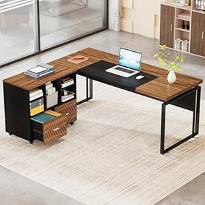 Tribesigns L Shaped Executive Desk with Reversible File Cabinet 63 Office Desk with Storage Drawers L Shaped Computer Desk with Drawer Cabinet for Hanging Letter Size Files Walnut Black