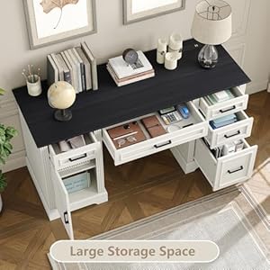 Furniouse 58" Executive Desk, Farmhouse Computer Desk with Drawers and Cabinet with Charging Station, Wooden Home Office Desk, Workspace for Work & Writing, Black Tabletop Furniouse 58 Executive Desk Farmhouse Computer Desk with Drawers and Cabinet with Charging Station Wooden Home Office Desk Workspace for Work Writing Black Tabletop