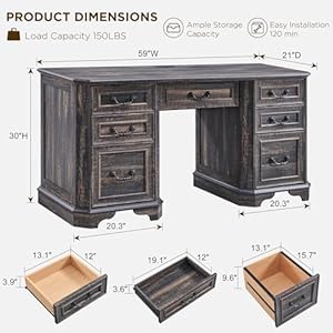   T4TREAM-59-Farmhouse-Executive-Desk-with-DrawersWood-Home-Office-Computer-Desk-Featuring-Keyboard-TrayCharging-StationFile-Drawer-Storage-Cabinetfor-Work-and-Study-Dark-Rustic-Oak