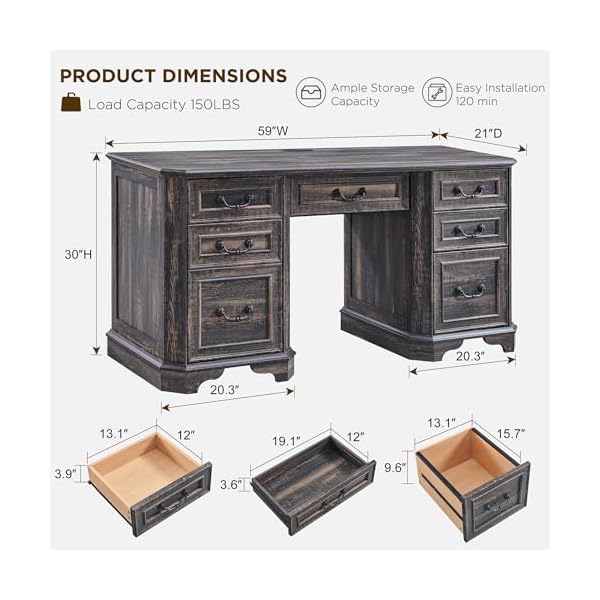   T4TREAM-59-Farmhouse-Executive-Desk-with-DrawersWood-Home-Office-Computer-Desk-Featuring-Keyboard-TrayCharging-StationFile-Drawer-Storage-Cabinetfor-Work-and-Study-Dark-Rustic-Oak