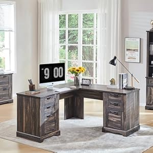 RedLemon 60 Farmhouse L Shaped Desk with Drawers Wood Home Office Corner Executive Desk with Charging Station File Drawer Storage Cabinet Rustic Computer Writing Desk Dark Rustic Oak