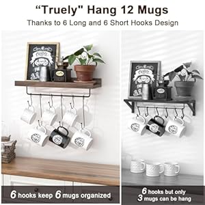   Coffee-Mug-Holder-Organizer-2-Pack-with-12-Mug-Hooks-Mug-Rack-Wall-Mounted-with-Coffee-Bar-Sign-Farmhouse-Coffee-Accessories-and-Organizer-with-Metal-Basket-Floating-Shelves-for-Wall-Weathered-Walnut