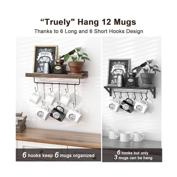   Coffee-Mug-Holder-Organizer-2-Pack-with-12-Mug-Hooks-Mug-Rack-Wall-Mounted-with-Coffee-Bar-Sign-Farmhouse-Coffee-Accessories-and-Organizer-with-Metal-Basket-Floating-Shelves-for-Wall-Weathered-Walnut