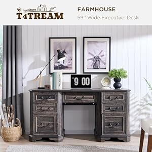   T4TREAM-59-Farmhouse-Executive-Desk-with-DrawersWood-Home-Office-Computer-Desk-Featuring-Keyboard-TrayCharging-StationFile-Drawer-Storage-Cabinetfor-Work-and-Study-Dark-Rustic-Oak