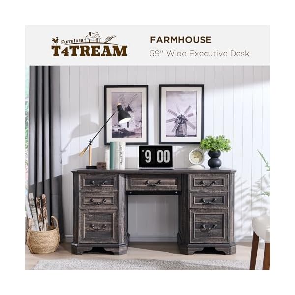   T4TREAM-59-Farmhouse-Executive-Desk-with-DrawersWood-Home-Office-Computer-Desk-Featuring-Keyboard-TrayCharging-StationFile-Drawer-Storage-Cabinetfor-Work-and-Study-Dark-Rustic-Oak