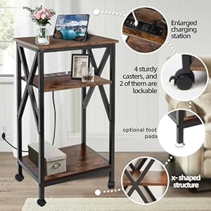 Toocust 3 tier end table with charging station 16 w x 12 d x 28 h metal and brown bedside table with usb ports and outlets x shaped side table with wheels for living room bedroom kitchen  urban country home decor