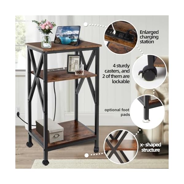 Toocust 3 tier end table with charging station 16 w x 12 d x 28 h metal and brown bedside table with usb ports and outlets x shaped side table with wheels for living room bedroom kitchen  urban country home decor