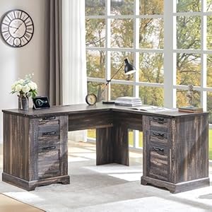 RedLemon 60 Farmhouse L Shaped Desk with Drawers Wood Home Office Corner Executive Desk with Charging Station File Drawer Storage Cabinet Rustic Computer Writing Desk Dark Rustic Oak