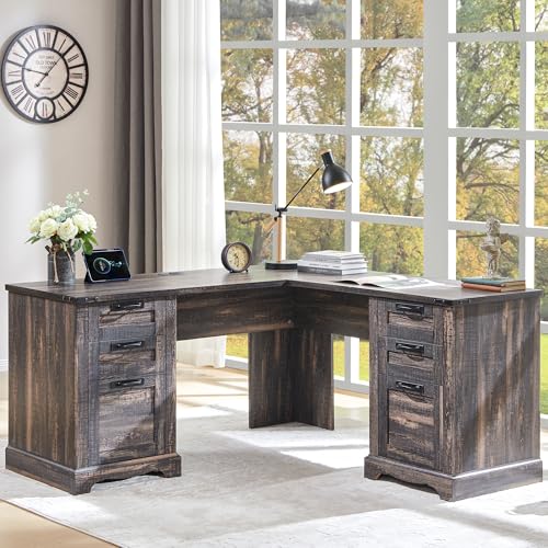 RedLemon 60 Farmhouse L Shaped Desk with Drawers Wood Home Office Corner Executive Desk with Charging Station File Drawer Storage Cabinet Rustic Computer Writing Desk Dark Rustic Oak