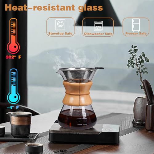 Pour-Over-Coffee-Maker-with-Reusable-Stainless-Steel-Drip-Filter-Lead-Free-Borosilicate-Glass-Coffee-Carafe-with-Modern-Wooden-Collar-for-1-4Cup-Circular-Clear-600ml20oz Pour Over Coffee Maker with Reusable Stainless Steel Drip Filter Lead Free Borosilicate Glass Coffee Carafe with Modern Wooden Collar for 1 4Cup Circular Clear 600ml20oz
