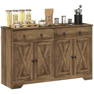   HOMCOM-Sideboard-Buffet-Cabinet-with-Storage-48-Kitchen-Storage-Cabinet-with-2-Drawers-and-4-Barn-Doors-Farmhouse-Coffee-Bar-Cabinet-with-Adjustable-Shelves-Light-Brown