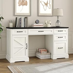 Furniouse 57" Executive Desk, Farmhouse Computer Desk with Drawers and File Cabinet with Charging Station, Wooden Home Office Desk, Workspace for Work & Writing, Black Tabletop Furniouse 57 Executive Desk Farmhouse Computer Desk with Drawers and File Cabinet with Charging Station Wooden Home Office Desk Workspace for Work Writing Black Tabletop