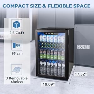 Joy Pebble Beverage Refrigerator Cooler 26 CuFt 18 Bottle 95 Can Mini Fridge with Glass Door for Beer Drinks WinesFreestanding beverage fridge with Adjustable Shelving