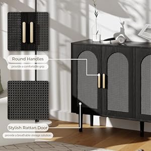Sideboard Cabinet with Rattan Doors, Kitchen Buffet Cabinet with Storage, Modern Farmhouse Large Accent Cabinet Credenza for Entryway Dining Room, Black Sideboard Cabinet with Rattan Doors Kitchen Buffet Cabinet with Storage Modern Farmhouse Large Accent Cabinet Credenza for Entryway Dining Room Black