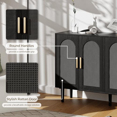 Sideboard-Cabinet-with-Rattan-Doors-Kitchen-Buffet-Cabinet-with-Storage-Modern-Farmhouse-Large-Accent-Cabinet-Credenza-for-Entryway-Dining-Room-Black Sideboard Cabinet with Rattan Doors Kitchen Buffet Cabinet with Storage Modern Farmhouse Large Accent Cabinet Credenza for Entryway Dining Room Black