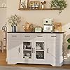 Likein Sideboard Buffet Cabinet with Storage 55 Kitchen Coffee Bar Cabinet with 3 Drawers Glass Doors Farmhouse Sideboard Buffet Table with Adjustable Shelves for Living Room Dining Room White