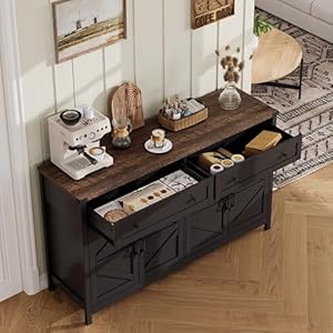 ChooChoo Sideboard Buffet Cabinet with Storage, Buffet Storage Cabinet with 2 Drawers and 4 Barn Doors, Modern Farmhouse Coffee Bar for Kitchen, Dining Room, Living Room, Black ChooChoo Sideboard Buffet Cabinet with Storage Buffet Storage Cabinet with 2 Drawers and 4 Barn Doors Modern Farmhouse Coffee Bar for Kitchen Dining Room Living Room Black