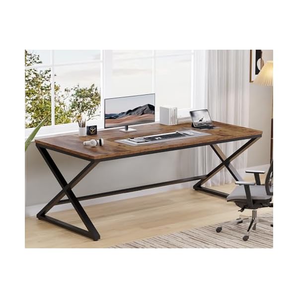 Lvb rustic large home office desk 708 long and wide computer desk wood metal work desk for study writing gaming farmhouse dual monitor workstation executive desk computer table rustic brown  urban country home decor